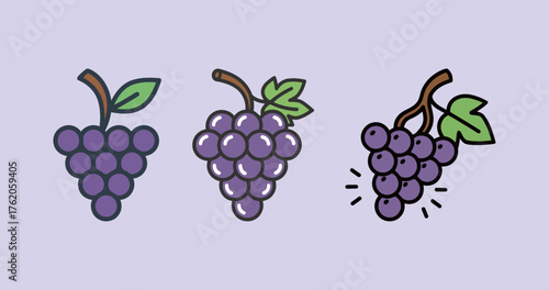 Set of three purple grape cluster icons in different styles for fruit, wine, and healthy food design