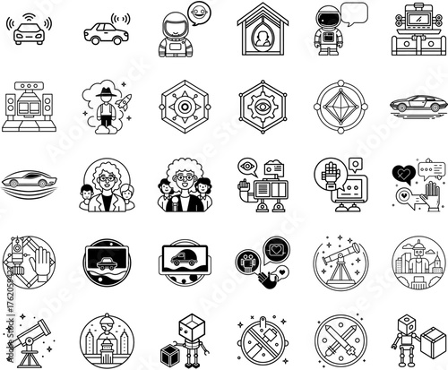 Tech And Future Life Related Vector Icon Set. Includes smart car, astronaut, robot, telescope, AI, communication, innovation, space exploration, virtual reality, and more. Editable strokes. Vector Ill