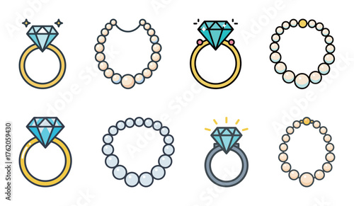 Collection of diamond engagement ring and pearl necklace icons for luxury jewelry and fashion design