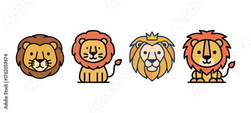 Cute Lion Head and Full Body Vector Collection: Stylized Animal Icons in Cartoon Outline Style