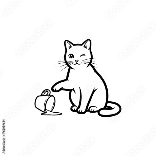 Playful cat winks after knocking over a cup of liquid on the floor.