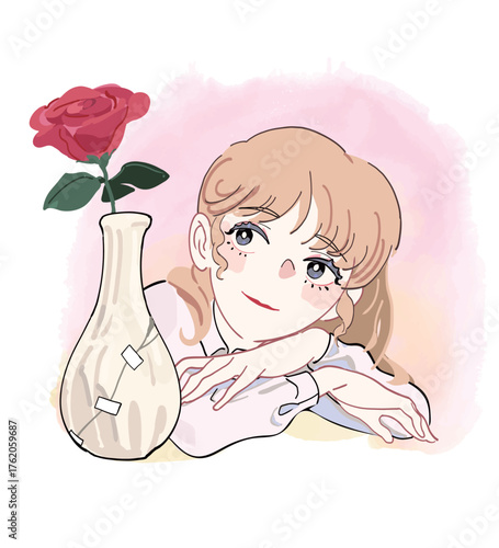 修復した花瓶に差された薔薇を見つめる女性