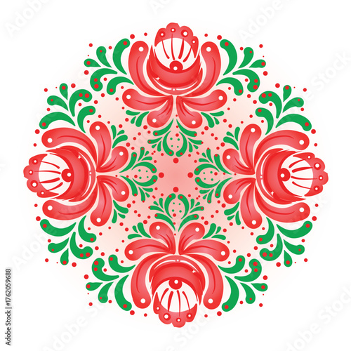 Khokhloma inspired floral pattern design elements. Red and green vector ornaments isolated on white. Traditional Russian painting style. Print, posters, t-shirts and textiles.
