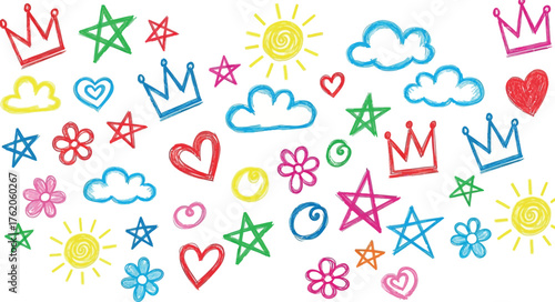 Whimsical hand drawn elements collection featuring crowns stars hearts clouds and sun childrens artistic doodle style