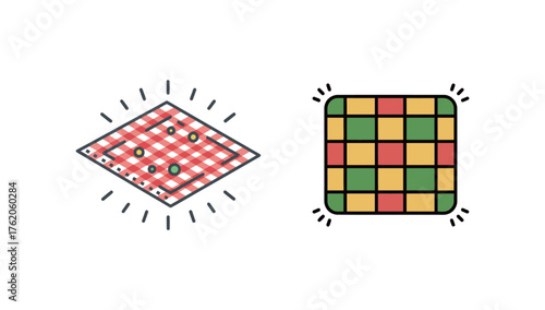Set of two cartoon colorful picnic blankets or checkered cloths, outdoor leisure vector illustration.