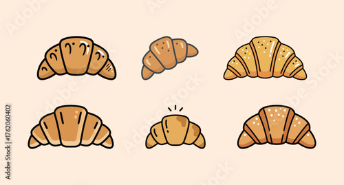 Set of six cartoon flaky golden croissants, French pastry bakery food vector illustration.