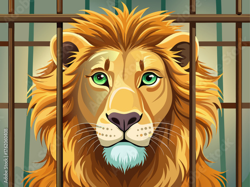 Realistic vector illustration of a lion behind metal cage bars, detailed golden mane and sharp eyes, sad expression, isolated on light beige background, wildlife zoo animal art style