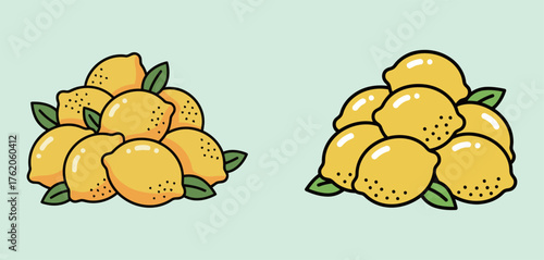 Set of two cartoon piles of fresh yellow lemons with leaves, citrus fruit vector illustration.