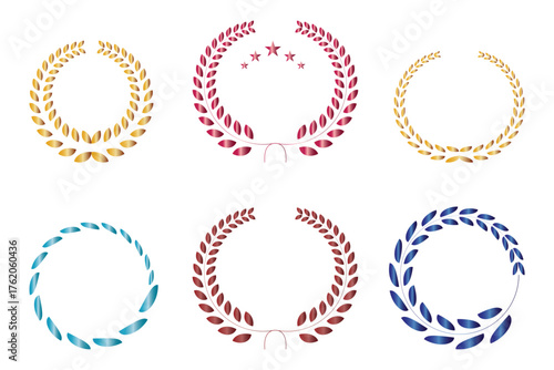 Collection of laurel wreaths in various colors and styles isolated on white background, a symbol of honor and achievement