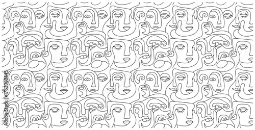 Abstract monochrome line art pattern of many diverse faces in a dense crowd expressing various emotions and expressions