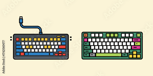 Set of two cartoon colorful computer keyboards with wire and without, illustration icon.
