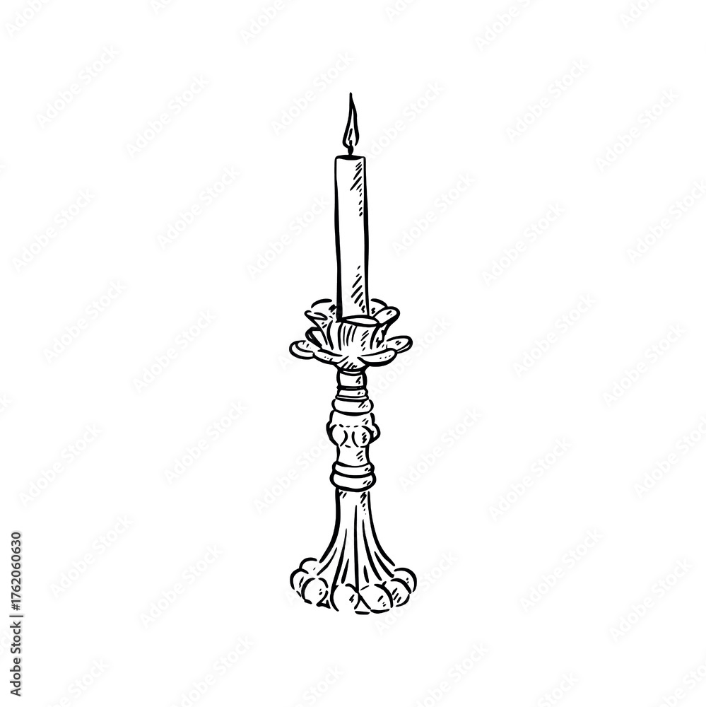 Fototapeta premium Candlestick with candle in top. Wick lit with fire.