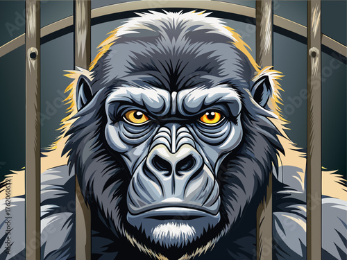 Realistic vector of gorilla behind cage bars, muscular body, black fur, expressive eyes, isolated on light gray background, detailed wildlife zoo art