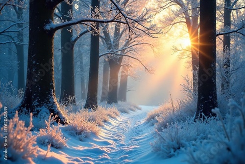 Mystical Dawn Frost-Covered Forest at Sunrise, Sparkling Winter Wonderland, Magical Fairy Tale Atmosphere