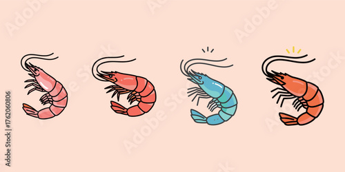 Set of four cartoon shrimp in red, pink, and blue colors, seafood marine animal vector illustration.