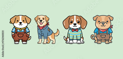Set of four cartoon happy dogs wearing various outfits, cute domestic pet vector illustration.