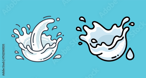 Set of two cartoon milk or white liquid splashes, dairy product vector illustration on blue background.