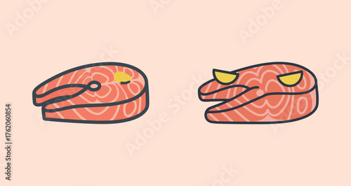 Set of two cartoon salmon steaks or fillets, raw fish seafood vector illustration.
