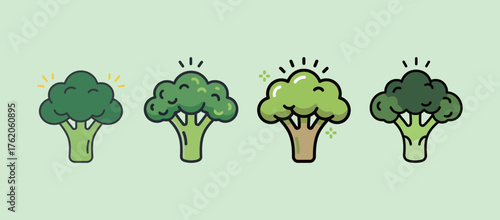 Set of four cartoon broccoli florets, healthy green vegetable vector illustration on light background.