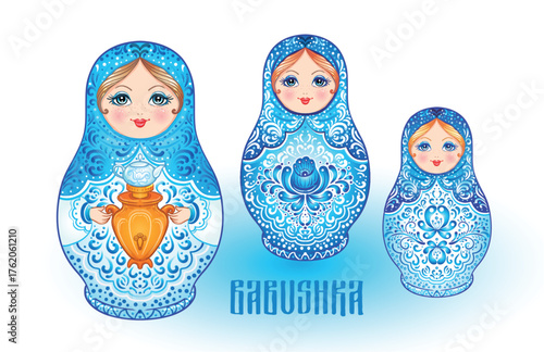 Babushka matryoshka, traditional Russian wooden nesting doll decorated with painted flowers. Folk arts and crafts. Vector illustration in cartoon style isolated on white. Retro Souvenir from Russia.