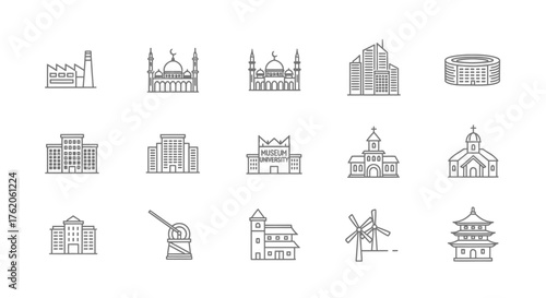 Set of Line Icons of Buildings and Architecture Landmarks – Flat Outline Vector Design