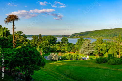 Spring landscape of Lake Comabbio seen from Villa Borghi in Varano Borghi, Varese, Lombardy, Italy 