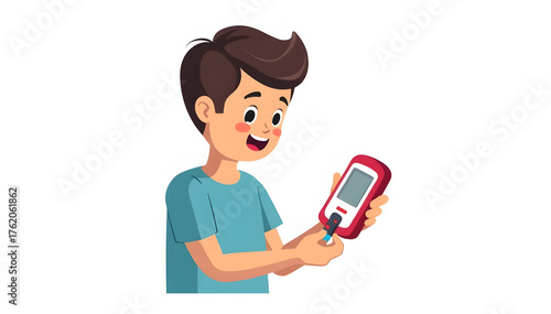 a person holding a blood sugar checker and fruit,  concept awareness World Diabetes Day