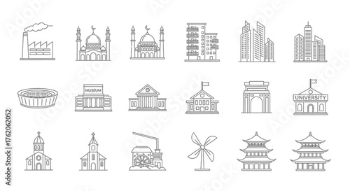 Set of Line Icons of Buildings and Architecture Landmarks – Flat Outline Vector Design