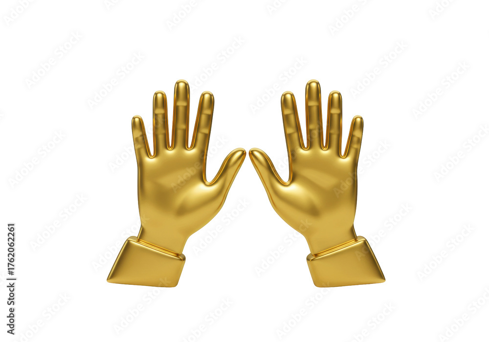 Obraz premium Two golden hands isolated on transparent background, shiny metallic hands raised in gesture of giving or praise PNG