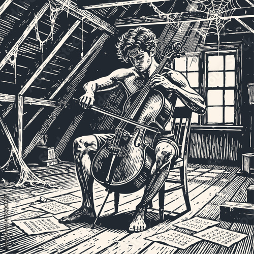 A passionate musician plays the cello barefoot in a dusty, old attic with cobwebs. Vintage vector illustration in a classic engraving or woodcut style.