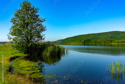 Spring landscape of Lake Comabbio in Varano Borghi, Varese, Lombardy, Italy 