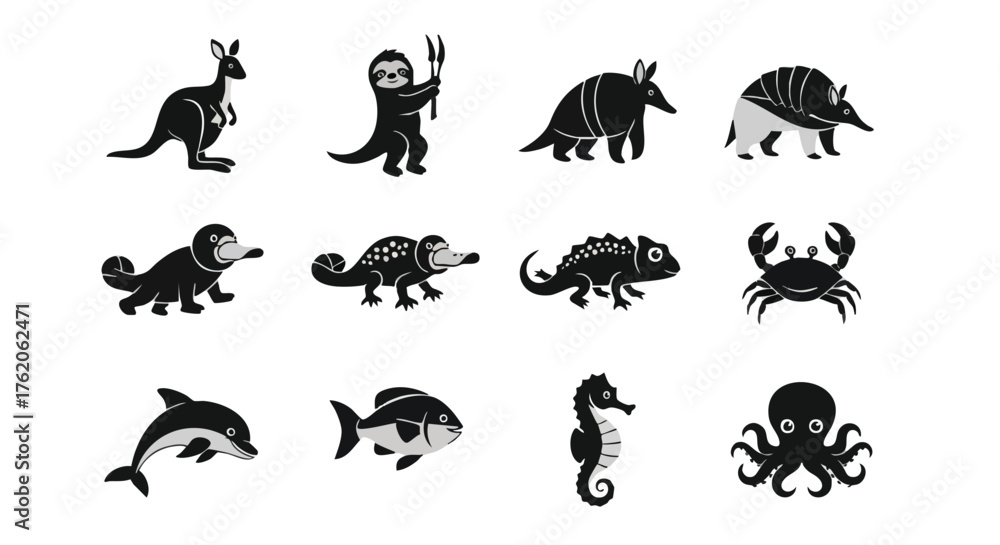 Fototapeta premium Diverse Animal Silhouettes: Kangaroo Sloth Armadillo Platypus Chameleon Crab Dolphin Fish Seahorse Octopus.