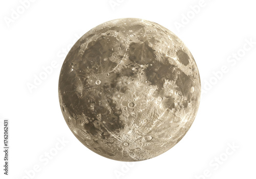 Detailed moon PNG isolated on transparent backdrop, lunar surface with craters and shadows for astronomy and space exploration projects