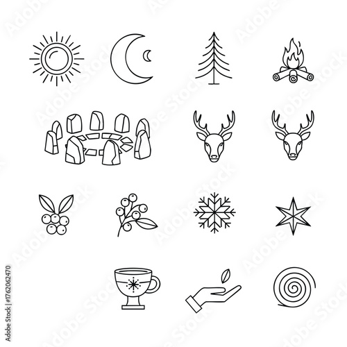 Collection of Winter Solstice and Holiday Season Line Art Icons.