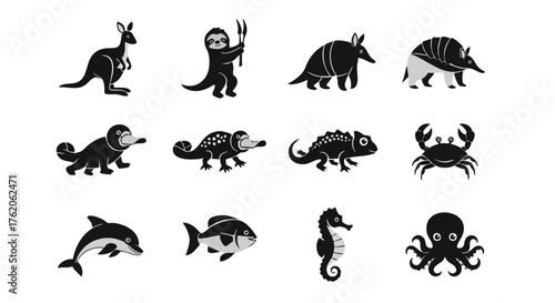 Diverse Animal Silhouettes: Kangaroo Sloth Armadillo Platypus Chameleon Crab Dolphin Fish Seahorse Octopus.