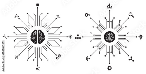 Abstract illustration of a human brain as a central hub of a digital network with radiating connections and symbols