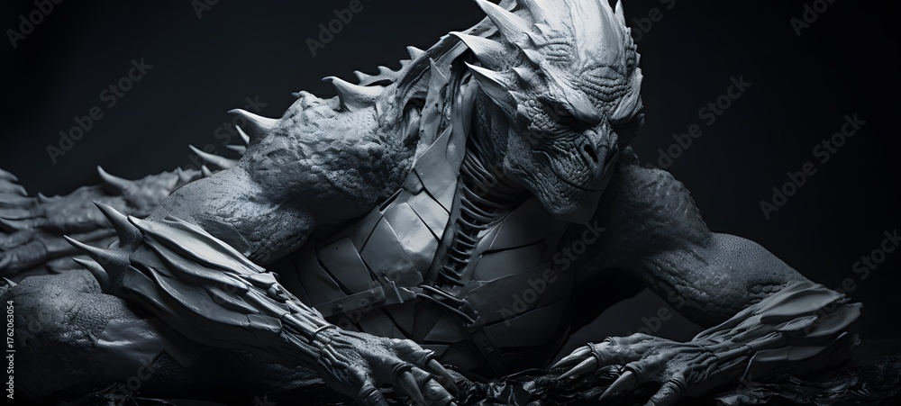 Fototapeta premium art of mummy dragon a black and white high contrast full bodys,generative AI