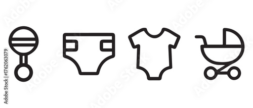 Baby Care Icon Set. Rattle, Diaper, Onesie, and Stroller in Minimalist Black Line Style.