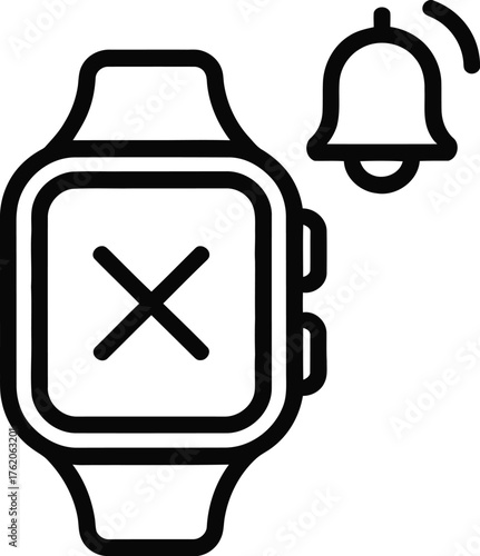 Smartwatch with X symbol and notification bell icon vector illustration