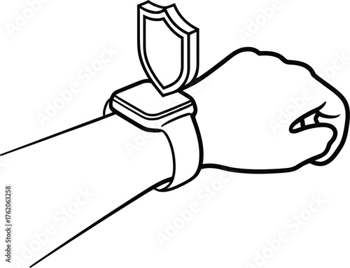Arm wearing smartwatch with shield icon symbolizing device security Keywords: arm, smartwatch