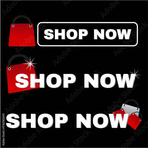 Set of vector 'Shop Now'' for banners with red shopping bag icons