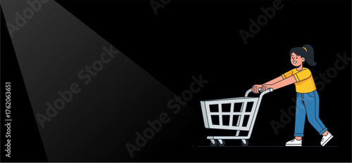 2d Ilustration Young woman pushes an empty shopping cart under a bright spotlight, symbolizing retail opportunity and potential for discovering sales in e-commerce