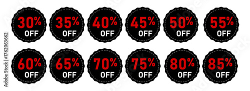 One set collection of serrated round black discount badges with clear red percentage off text for sales promotions and special offers