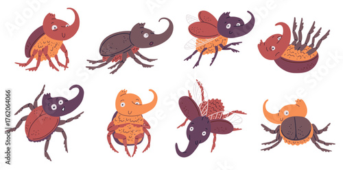 Cute Rhinoceros beetle vector icons set, cartoon rhino beetle insect with big horn, scarab different poses and emotions