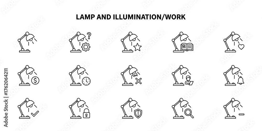 Fototapeta premium Set of monochrome linear icons depicting lamp and illumination/work functions
