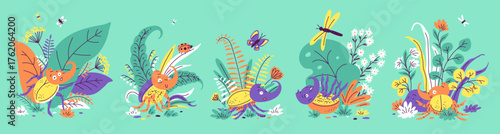 Cute Rhinoceros beetle on colorful floral background, cartoon horned rhino beetle insect, poses and emotions vector set