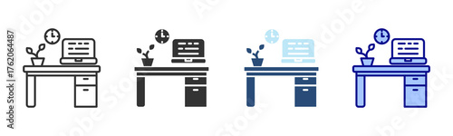 Office Desk Icon Set. Designed In Multi Style