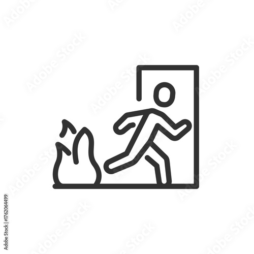 Man escaping fire, linear icon. Emergency evacuation and fire safety. Line with editable stroke