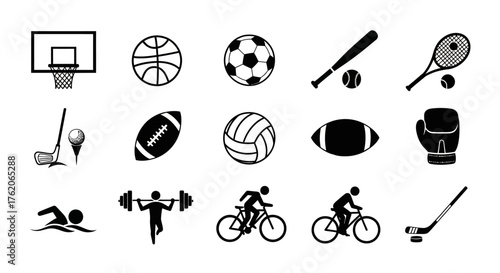 A collection of black and white icons representing various sports and athletic activities.