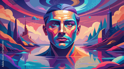 Colorful portrait of a man in a surreal landscape